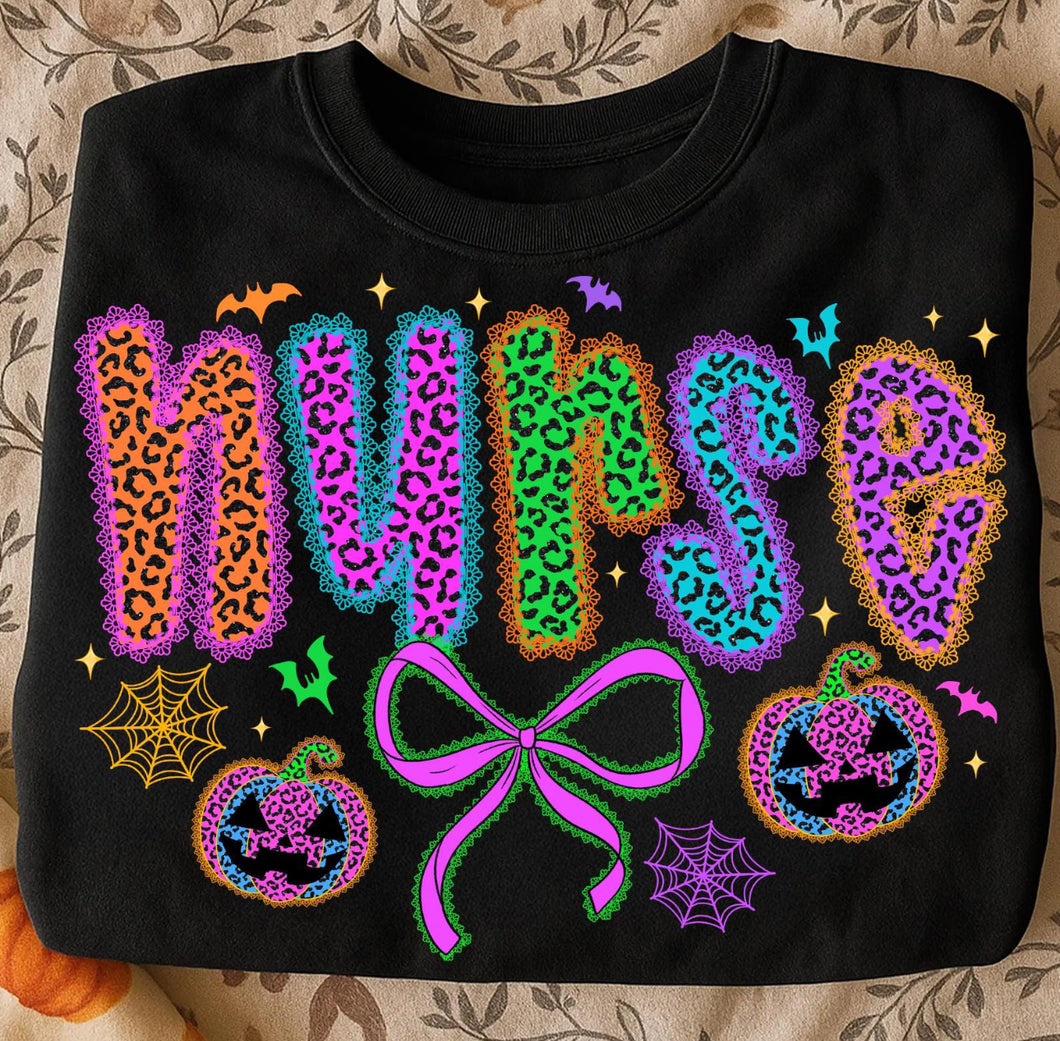 Neon leopard Halloween nurse on black hoodie, crewneck, long sleeve or tee - Mavictoria Designs Hot Press Express