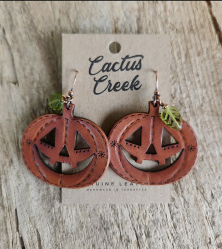 Western halloween jack-o-lantern pumpkin Genuine leather earrings PREORDER READ DESCRIPTION - Mavictoria Designs Hot Press Express
