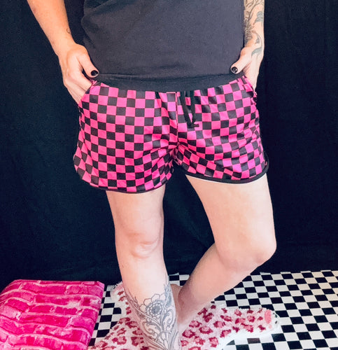 Hot pink and black checkered athletic shorts with pockets by sterling Kreek - Mavictoria Designs Hot Press Express