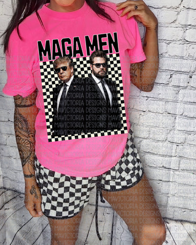 MAGA MEN white and black checkered design on neon pink  hoodie, crew, long sleeve or tee // matching shorts available under shorts collection - Mavictoria Designs Hot Press Express