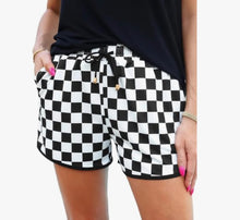 Load image into Gallery viewer, BLACK AND WHITE Checkered shorts with drawstring and pockets preorder - Mavictoria Designs Hot Press Express
