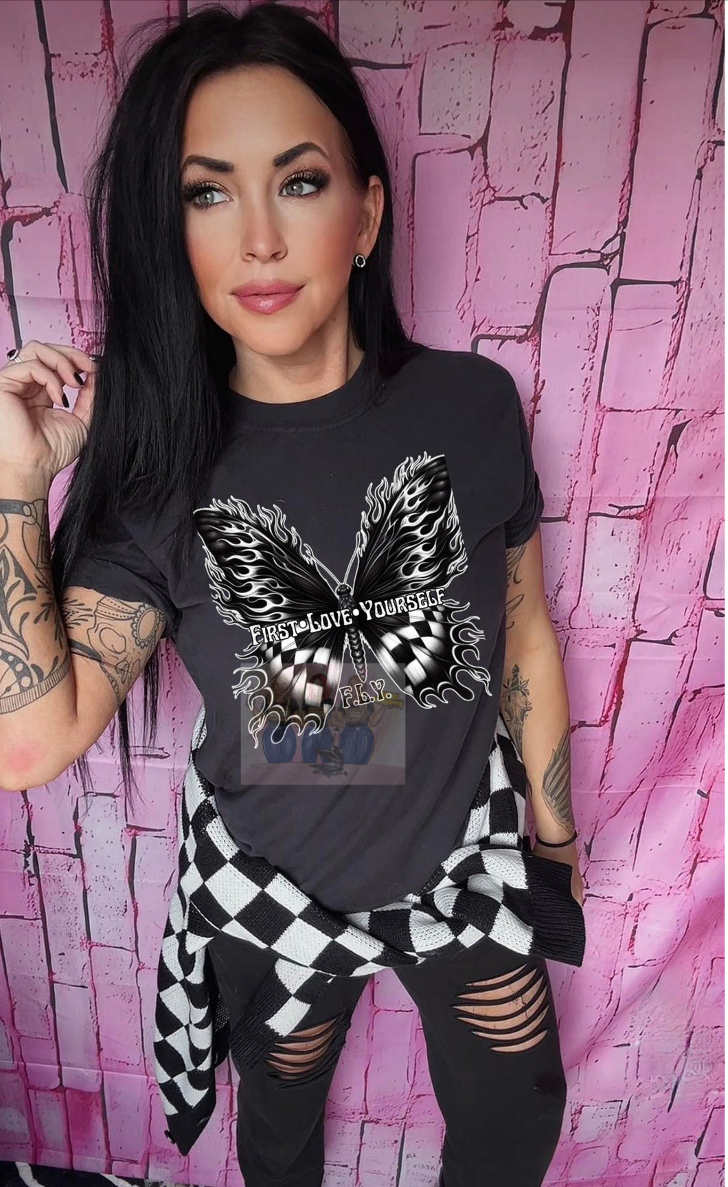 Black comfort colors graphic tee FIRST LOVE YOURSELF CHECKERED BUTTERFLY - Mavictoria Designs Hot Press Express