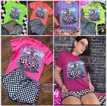 Load image into Gallery viewer, Chillin like a felon TRUMP neon graphic tee collection comfort colors or port and company beach wash // checkered shorts available separately - Mavictoria Designs Hot Press Express
