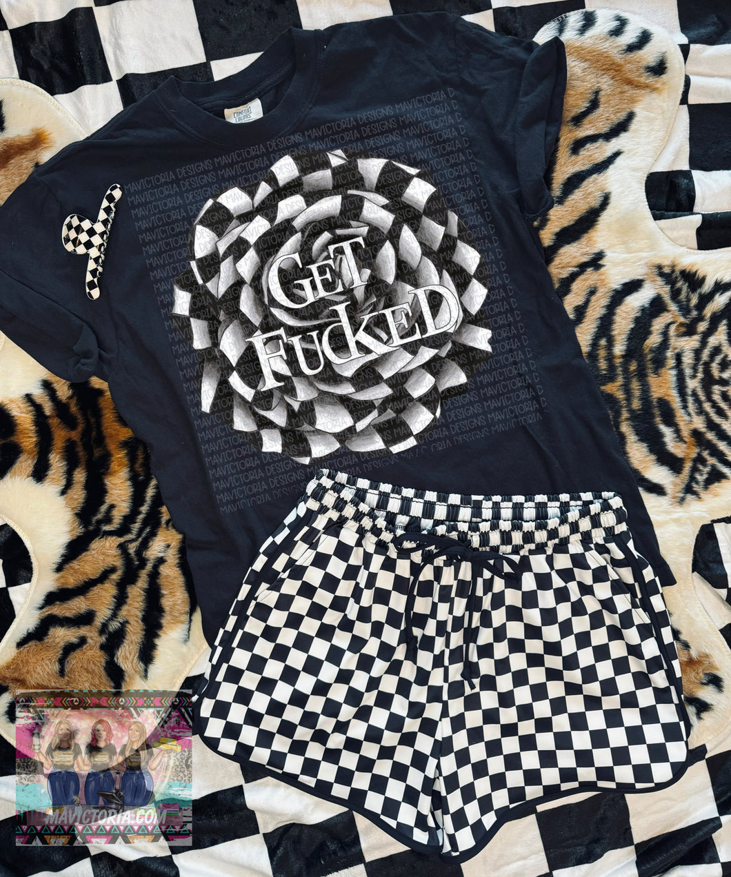 Get FUCKED checkered rose graphic tee black comfort colors - Mavictoria Designs Hot Press Express