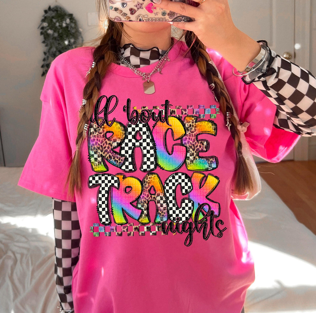 ALL ABOUT RACE TRACK LIGHTS on neon pink graphic tee or tank - Mavictoria Designs Hot Press Express