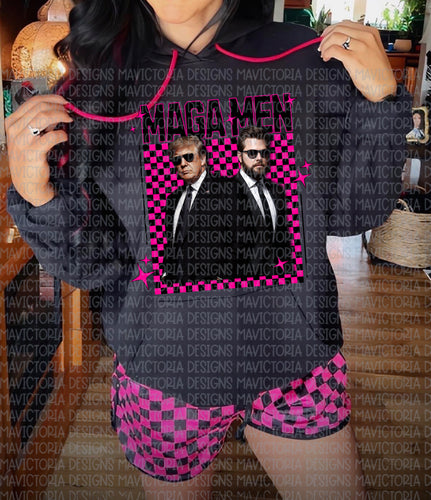 MAGA MEN hot pink and black checkered design on black hoodie, crew, long sleeve or tee // matching shorts available under shorts collection - Mavictoria Designs Hot Press Express