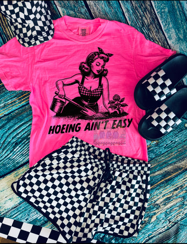 Neon comfort colors Hoeing aint easy graphic tee // checkered shorts sold separately - Mavictoria Designs Hot Press Express