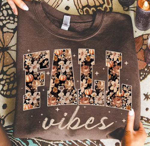 FALL VIBES floral on brown graphic tee crew long sleeve or hoodie - Mavictoria Designs Hot Press Express