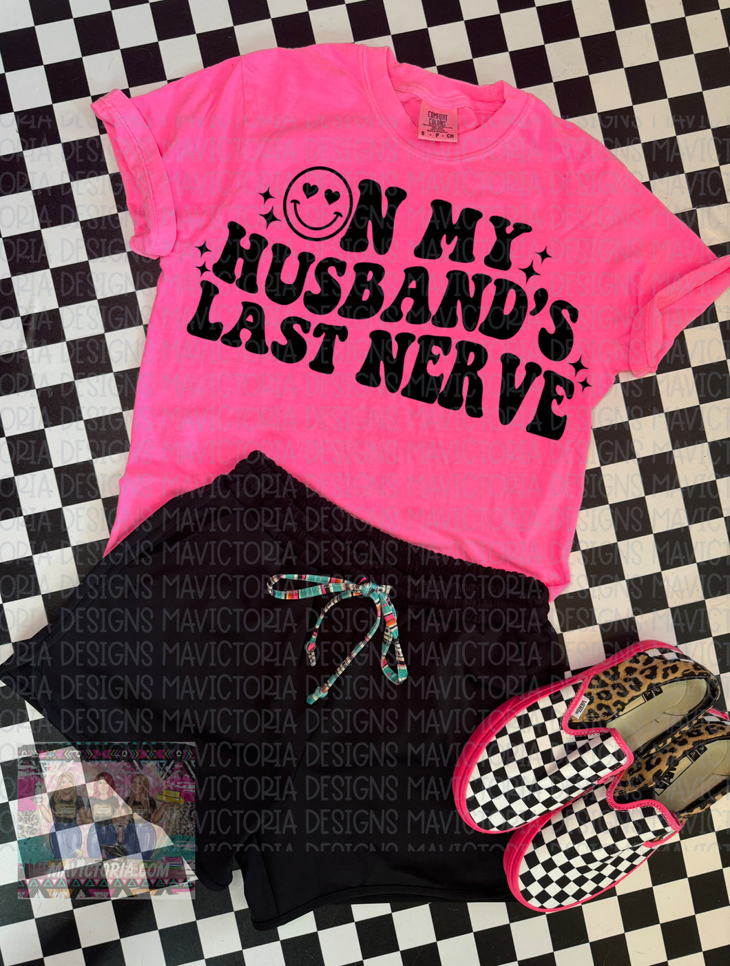 On my husbands last nerve COMFORT COLORS neon pink graphic tee — concrete cowgirl shorts available separately - Mavictoria Designs Hot Press Express