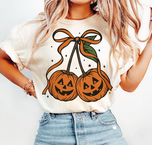 Pumpkin coquette cherries IVORY hoodie, crewneck, long sleeve or graphic tee - Mavictoria Designs Hot Press Express
