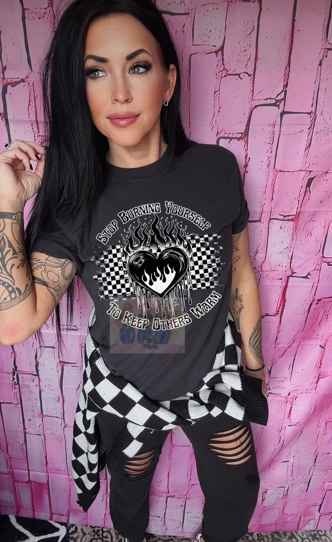 Black comfort colors graphic tee STOP BURNING YOURSELF TO KEEP OTHERS WARM checkered print - Mavictoria Designs Hot Press Express