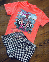 Load image into Gallery viewer, Chillin like a felon TRUMP neon graphic tee collection comfort colors or port and company beach wash // checkered shorts available separately - Mavictoria Designs Hot Press Express
