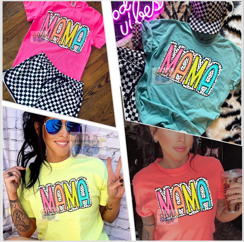 Comfort colors neon dalmation dot  Mama Graphic tee / checkered athletic pocket shorts SOLD SEPARATELY - Mavictoria Designs Hot Press Express