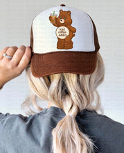 Load image into Gallery viewer, Care Bears iced coffee addict Cocoa brown bleached graphic tee OR clear tumbler OR trucker hat (must purchase separately) - Mavictoria Designs Hot Press Express
