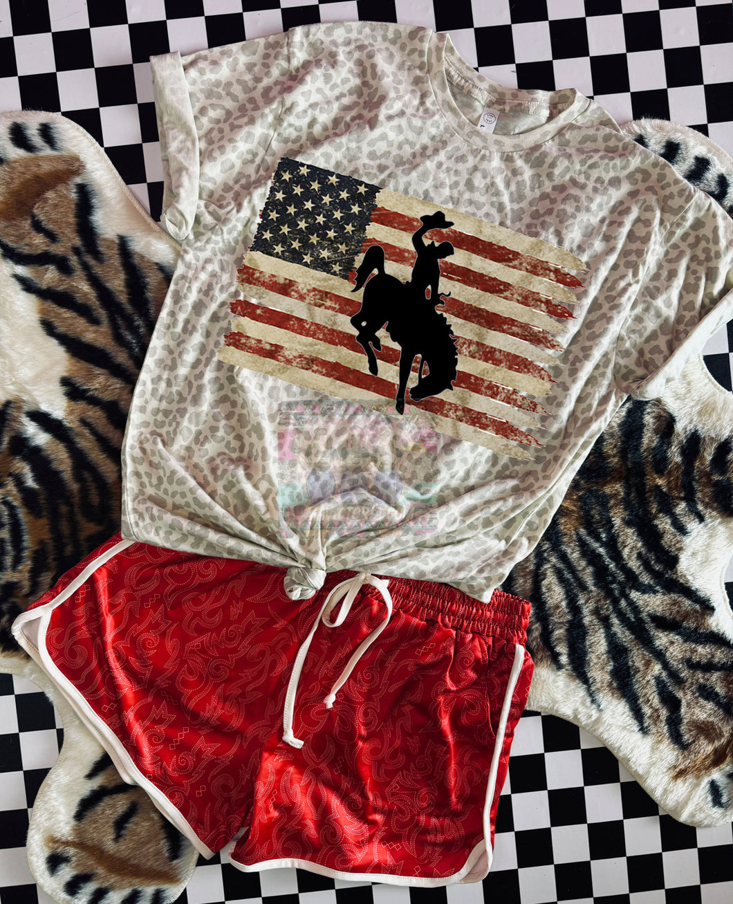 Natural leopard LAT bronc flag graphic tee paired with our red BOOT STITCH SHORTS //sold separately - Mavictoria Designs Hot Press Express