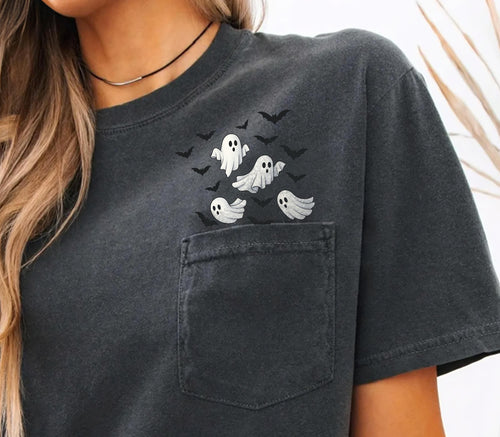 Ghost and bats on pepper POCKET comfort colors graphic tee - Mavictoria Designs Hot Press Express
