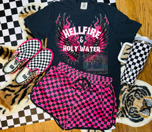 Load image into Gallery viewer, Hellfire and holy water comfort colors graphic tee paired with Checkered Sterling Kreek Patched Up Shorts - Mavictoria Designs Hot Press Express
