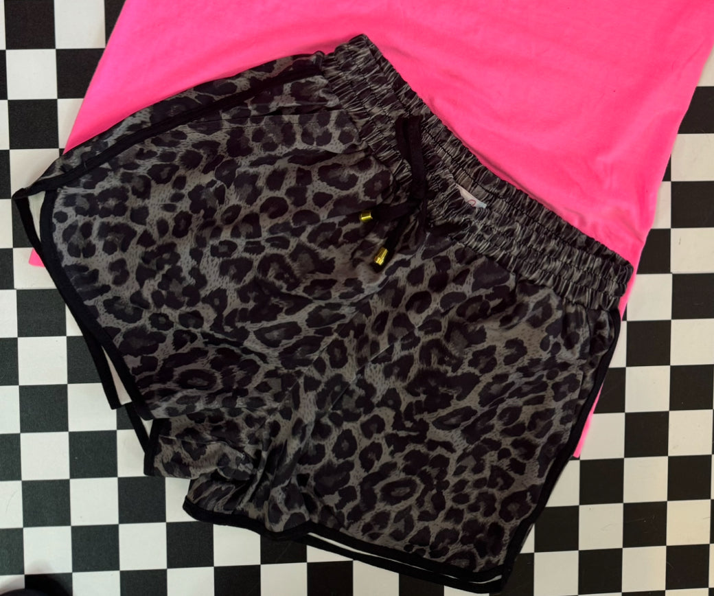 Grey leopard athletic shorts with drawstring and pockets SMALL ONLY - Mavictoria Designs Hot Press Express