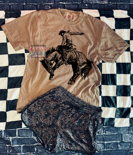 Espresso comfort colors bucking horse graphic tee // rodeo athletic shorts available separately - Mavictoria Designs Hot Press Express