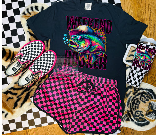 WEEKEND HOOKER VOLUME 2 on black comfort colors graphic tee // pink and black checkered shorts available separately - Mavictoria Designs Hot Press Express