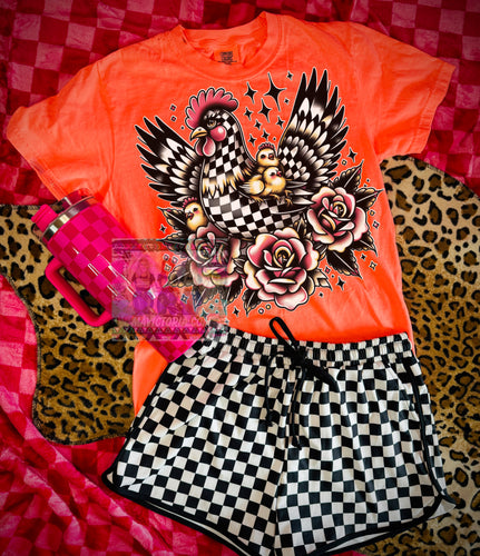 Checkered chicken orange comfort colors graphic tee - Mavictoria Designs Hot Press Express