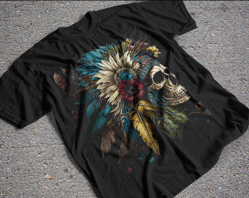 Skull wearing tribal headdress on black graphix tee, long sleeve, crewneck sweatshirt, or hoodie - Mavictoria Designs Hot Press Express