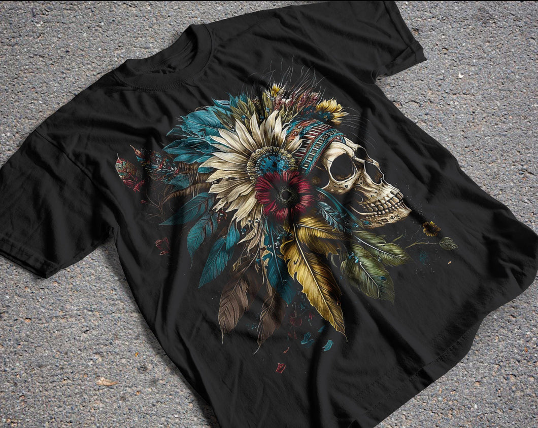 Skull wearing tribal headdress on black graphix tee, long sleeve, crewneck sweatshirt, or hoodie - Mavictoria Designs Hot Press Express