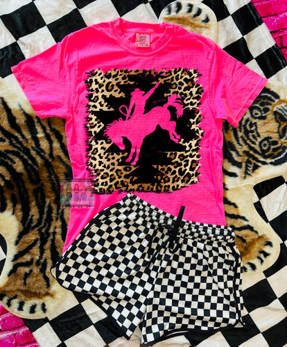 Comfort colors neon pink graphic tee leopard bronco bucking horse // checkered shorts sold separately - Mavictoria Designs Hot Press Express