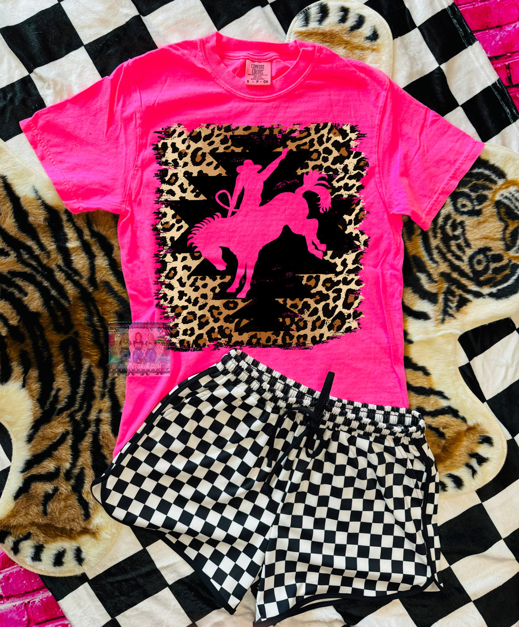 Comfort colors neon pink graphic tee leopard bronco bucking horse // checkered shorts sold separately - Mavictoria Designs Hot Press Express