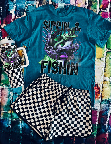 Comfort colors sippin and fishin teal graphic tee // checkered shorts and tumbler available separately - Mavictoria Designs Hot Press Express