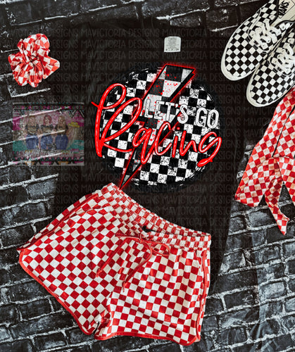 Checkered LETS GO RACING IN RED on black comfort colors graphic tee - Mavictoria Designs Hot Press Express