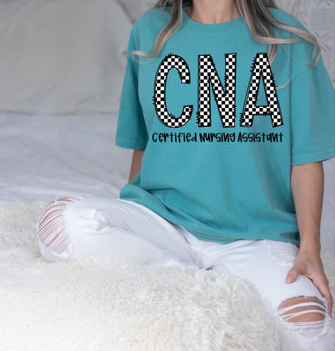 Checkered CNA on lagoon blue comfort colors graphic tee - Mavictoria Designs Hot Press Express
