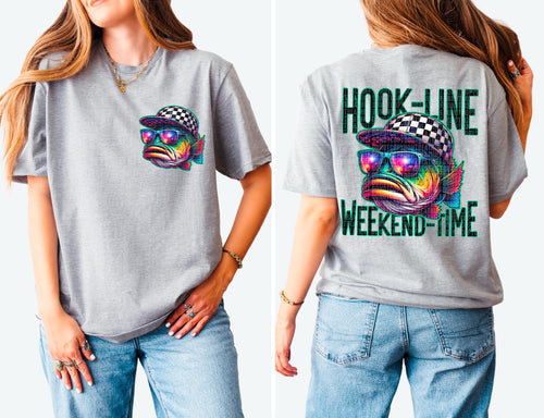HOOK LINE WEEKEND TIME funny fishing graphic tee unisex fit in athletic grey - Mavictoria Designs Hot Press Express