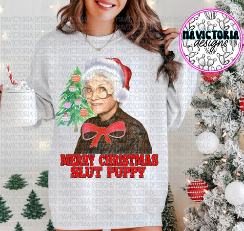 Merry Christmas slut puppy on ash hoodie , crewneck, long sleeve or tee - Mavictoria Designs Hot Press Express