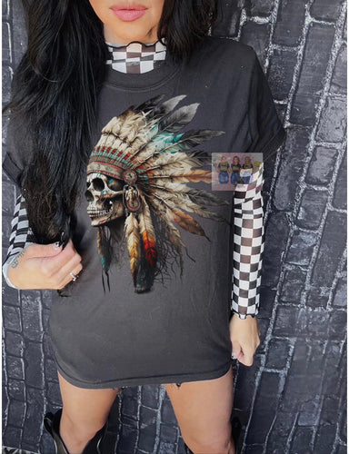 Black comfort colors graphic tee watercolor INDIAN HEADDRESS SKULL - Mavictoria Designs Hot Press Express