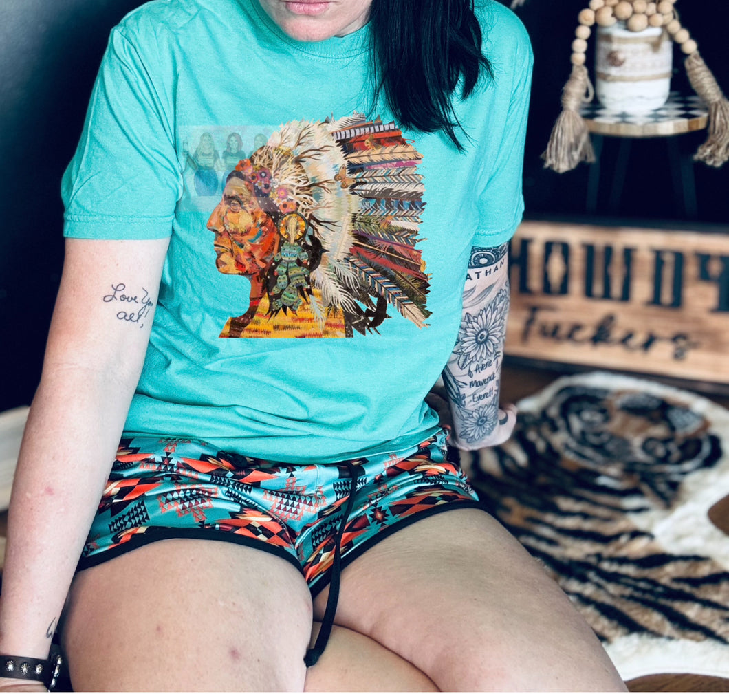 Teal comfort colors graphic tee INDIAN headdress - Mavictoria Designs Hot Press Express