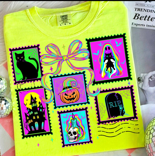 NEON HALLOWEEN postage stamp graphic tee on comfort colors - Mavictoria Designs Hot Press Express