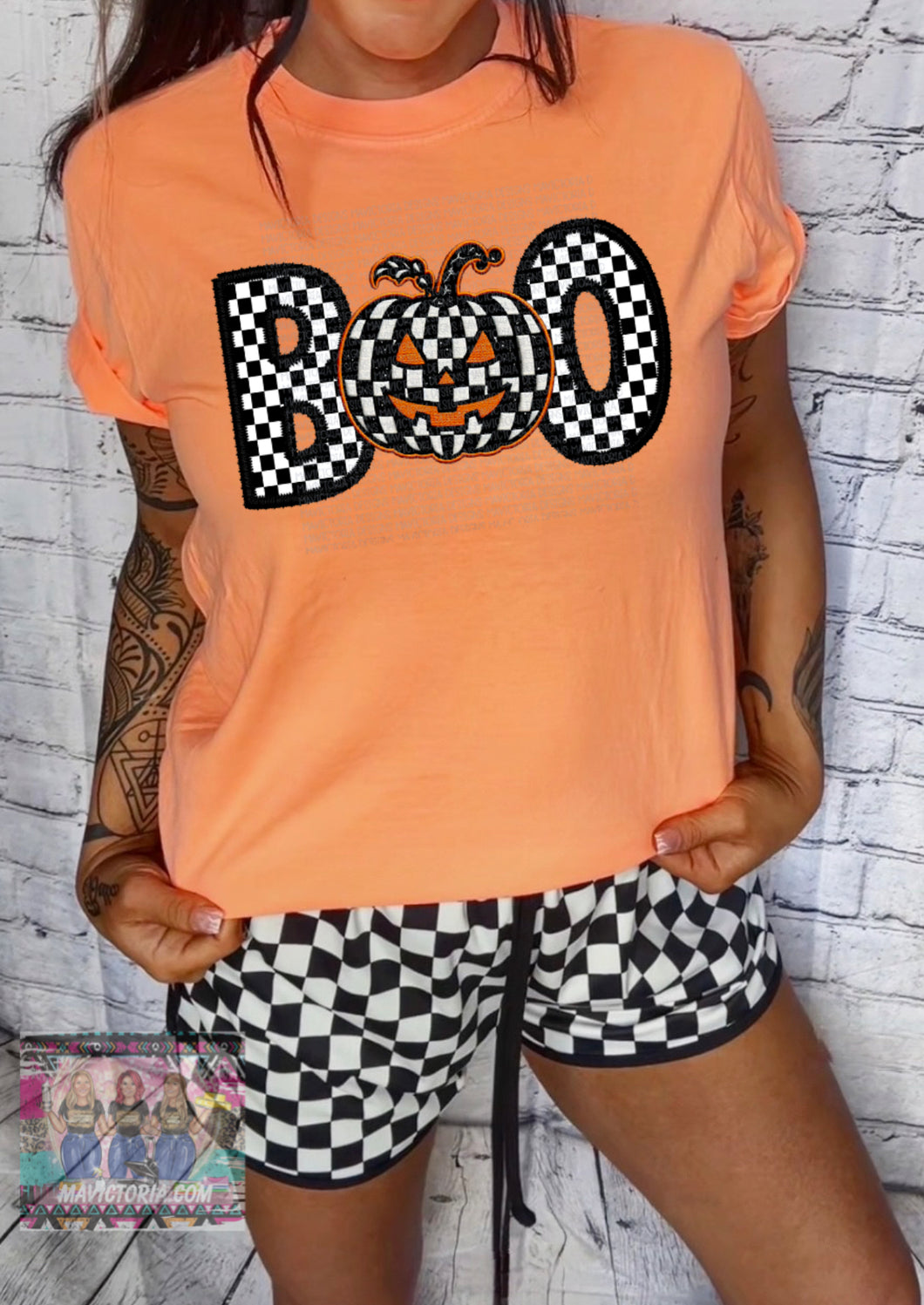 Checkered BOO neon orange graphic tee - Mavictoria Designs Hot Press Express