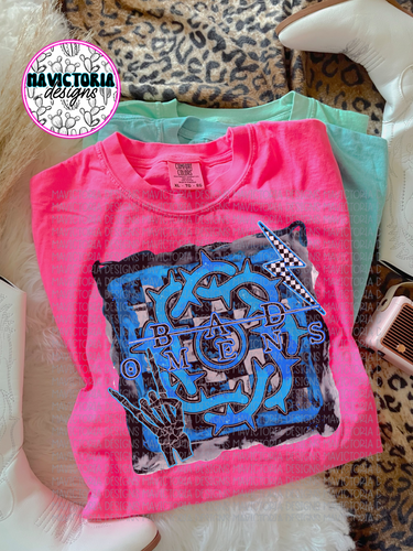 BAD OMENS band graphic tee on neon pink comfort colors - Mavictoria Designs Hot Press Express