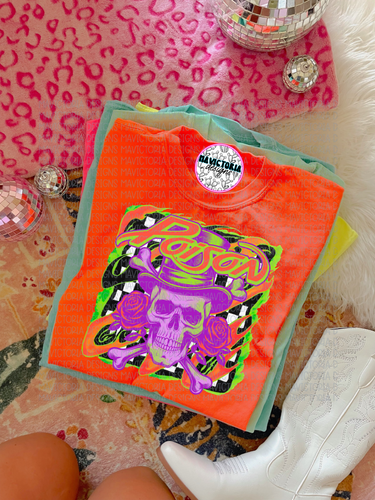 POISON band graphic tee on NEON ORANGE - Mavictoria Designs Hot Press Express
