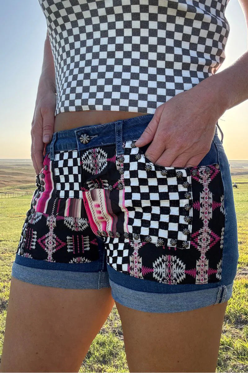 Checkered Sterling Kreek Patched Up Shorts - Mavictoria Designs Hot Press Express
