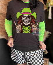 Load image into Gallery viewer, Neon green skellie cowgirl in blonde and brunette // neon green mesh long sleeve // checkered shorts sold separately
