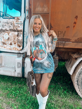 Load image into Gallery viewer, Charcoal bleached spooky skeleton pumpkin turquoise graphic tee or sweatshirt - Mavictoria Designs Hot Press Express
