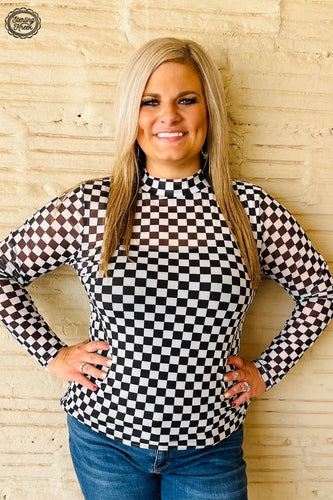 ROUND THE TRACK MESH TOP checkered long sleeve - Mavictoria Designs Hot Press Express