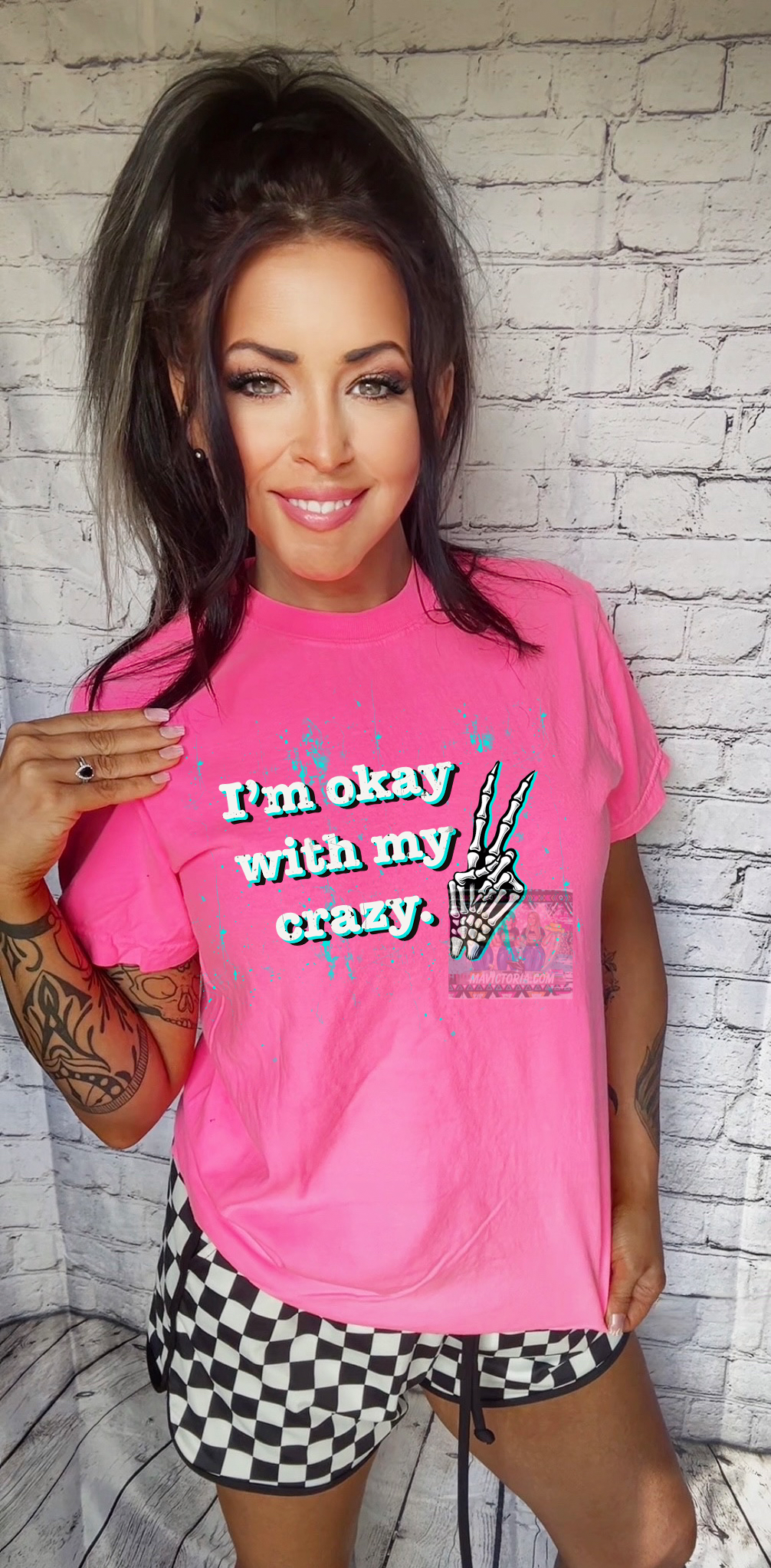 I’m okay with my crazy skellie neon pink comfort colors graphic tee - Mavictoria Designs Hot Press Express