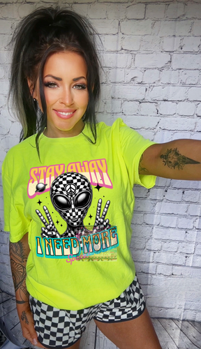 Stay away I need more space neon lemon checkered alien graphic tee - Mavictoria Designs Hot Press Express