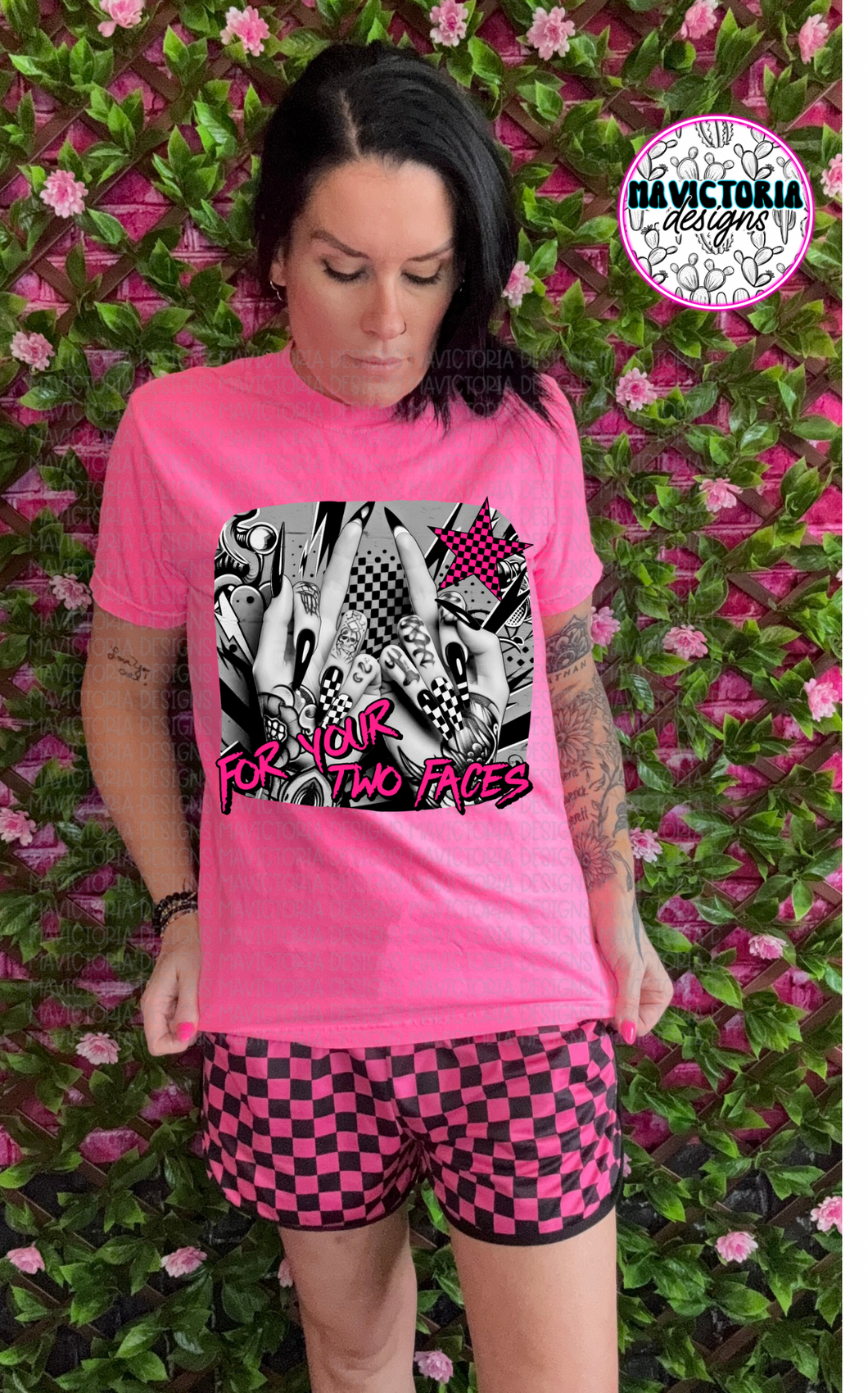 FOR YOUR TWO FACES checkered print on NEON PINK graphic tee