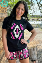 Load image into Gallery viewer, Black graphic tee with Pink Aztec print // pink Aztec athletic shorts longer length // not sold as a set purchase separately - Mavictoria Designs Hot Press Express
