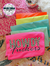 Load image into Gallery viewer, Checkered print HOWDY FUCKERS collection neon comfort colors - Mavictoria Designs Hot Press Express
