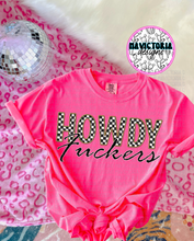 Load image into Gallery viewer, Checkered print HOWDY FUCKERS collection neon comfort colors - Mavictoria Designs Hot Press Express
